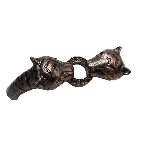 Enamel Rhinestone Lion Tiger Head Bangle Bracelet Brass Tone Vintage - Picture 2 of 6